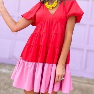 Entro Red and Pink V-Neck Flutter Sleeve Midi Dress